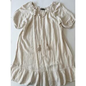 Mile Gabrielle Dress Womens 2X Beige Linen Short Shift Tassel Ruffle Hem Boho